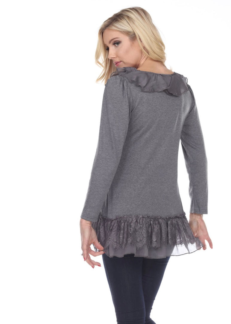 Lace Ruffle Neck Top - Gray