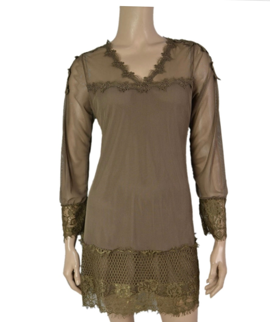 Sheer V-neck Tunic- Brown