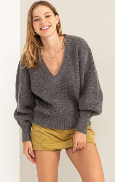 V Neck  Sweater - Grey