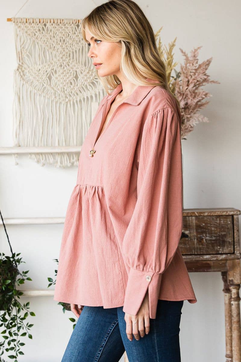 C090-T1186 - Long sleeve bib front collar poet  blouse