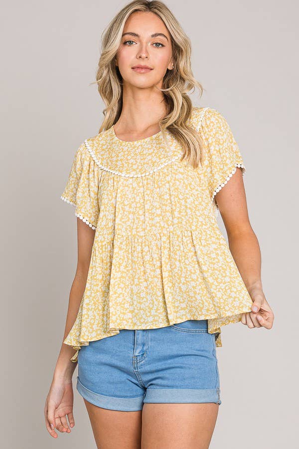 C090-T1067 - Ditsy Floral Lace Trim Baby Doll Top