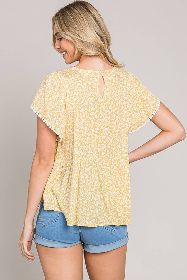 C090-T1067 - Ditsy Floral Lace Trim Baby Doll Top